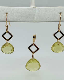 14k yellow gold prasiolite (green amethyst) pendant and earring set