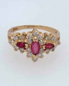 14k yellow gold marquise ruby and diamond 3 stone ring