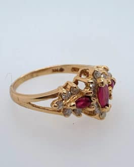 14k yellow gold marquise ruby and diamond 3 stone ring