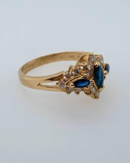 14ky Marquise sapphire and diamond 3 stone ring