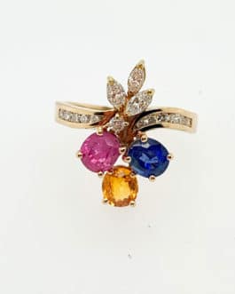 18k yellow gold multi color sapphire and diamond ring