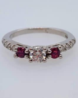 14k white gold diamond and ruby, three stone engagement ring